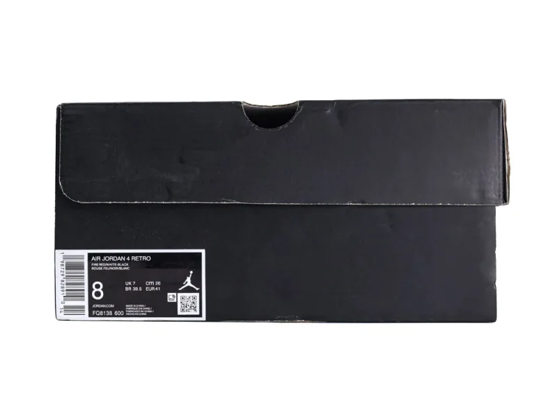 Black cardboard shoe box for Air Jordan 4 Retro sneakers, size 8.