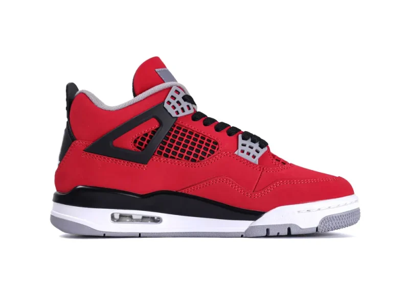 Red and black leather sneaker with mesh detailing and gray plastic accents.
