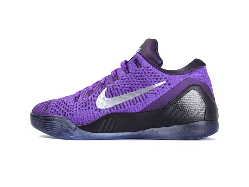 Purple knit sneaker with black accents, featuring a metallic silver swoosh logo.