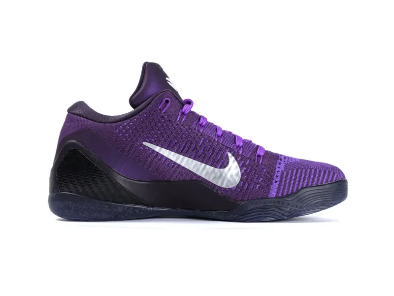 Purple knit sneaker with a metallic logo and black textured sole.