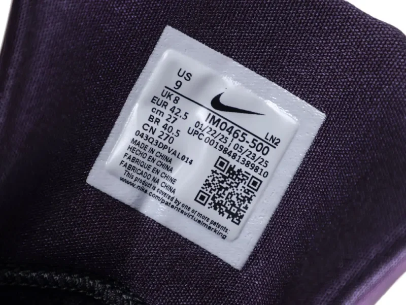 Purple fabric shoe with white label displaying sizing information and QR code.