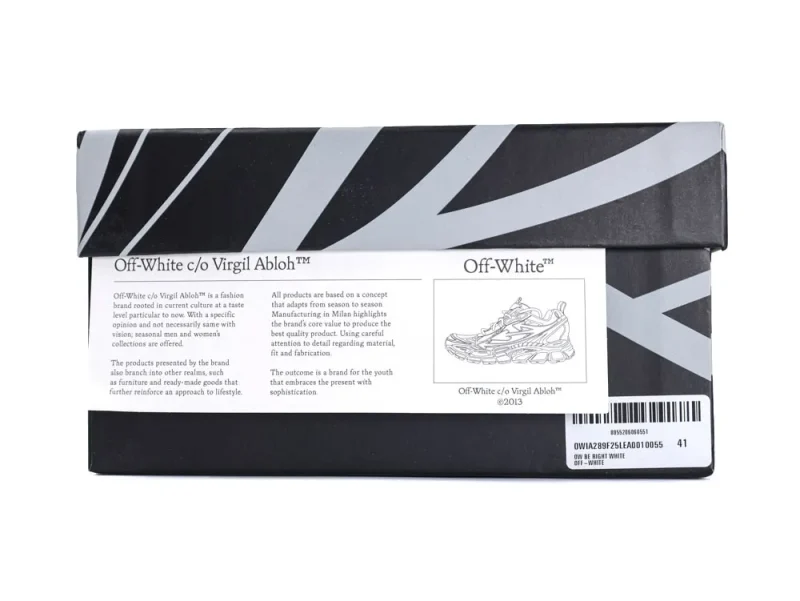 Black and gray shoe box with geometric design and printed branding details.