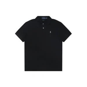 Black cotton polo shirt with short sleeves and collar, featuring small embroidered logo.