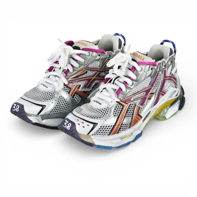 Multicolored sneakers with silver mesh, leather accents, and white laces.