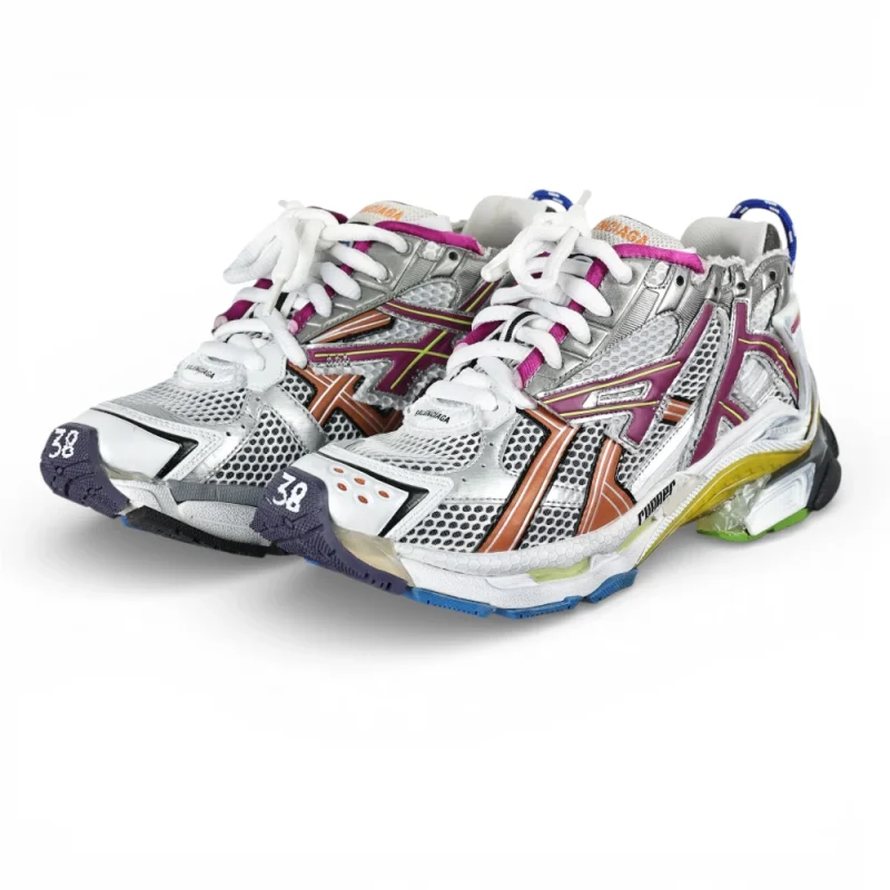 Silver mesh sneakers with multicolor accents, rubber sole, and white laces.