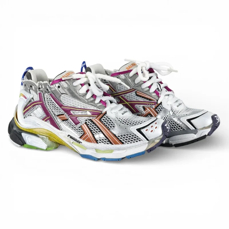 Colorful metallic sneakers with mesh material, white laces, and multicolor rubber soles.