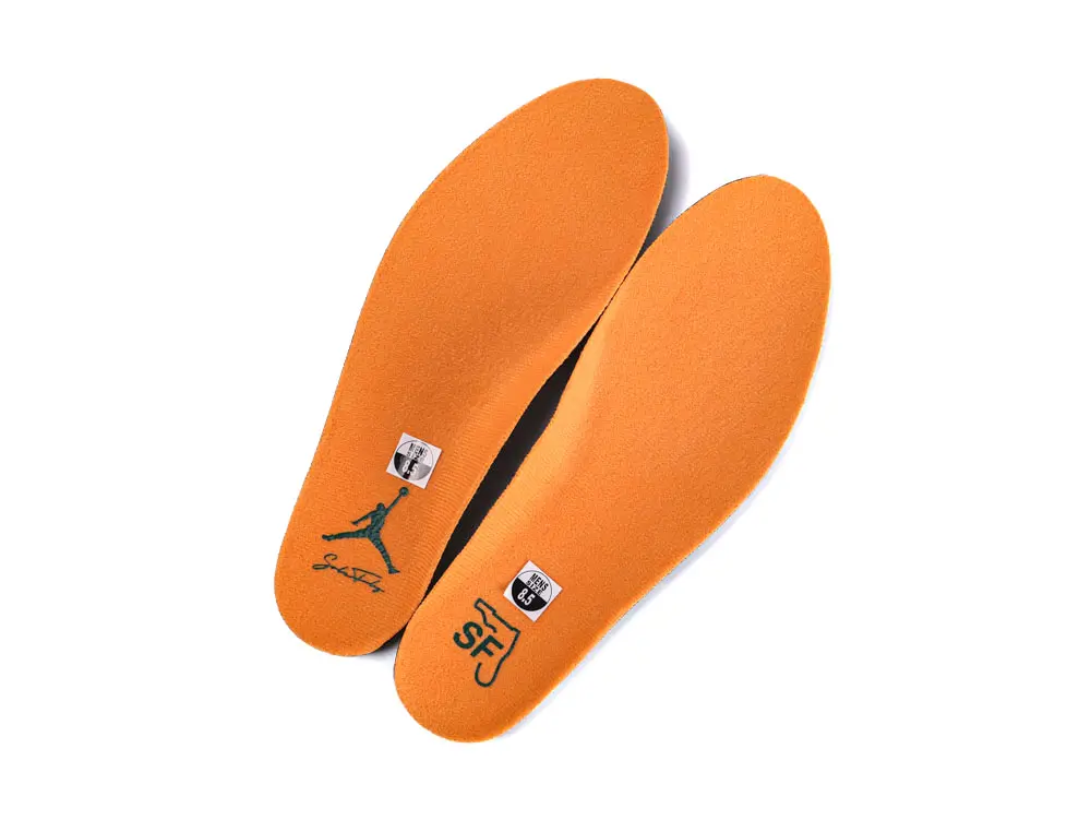 Orange foam insoles for shoes, featuring branding and size details, comfortable and durable.