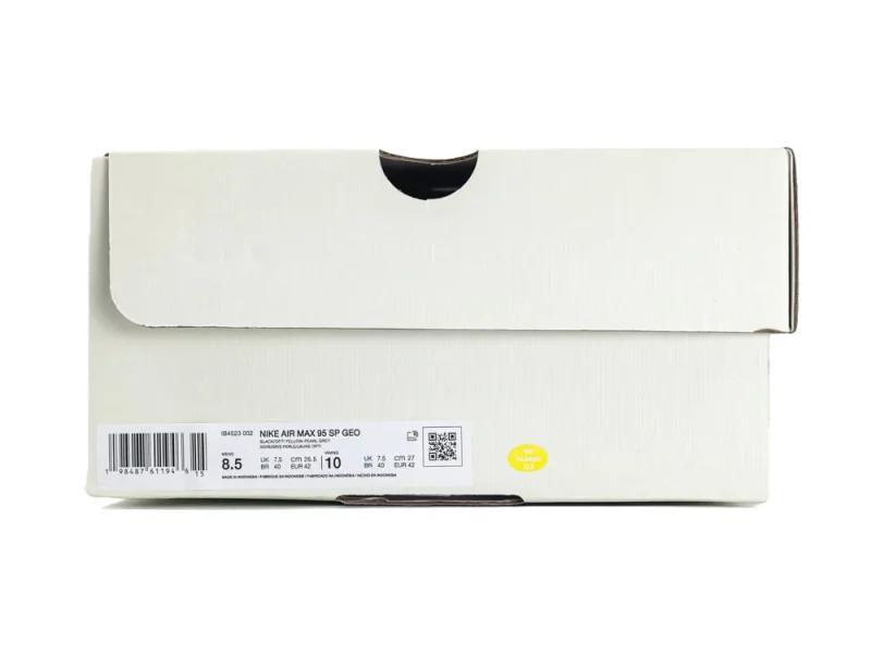 White cardboard Nike shoebox with label, featuring size details and QR code.