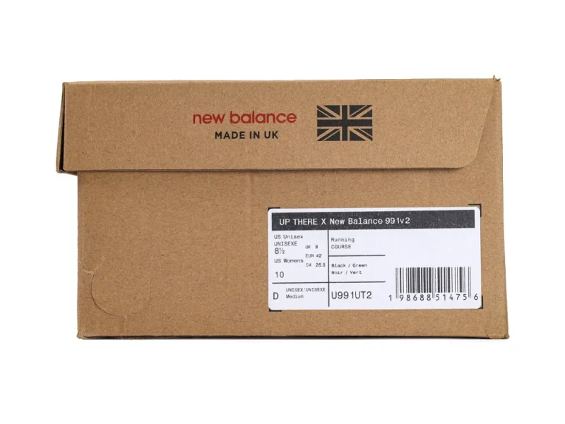 Brown cardboard shoebox with black and white label, featuring New Balance branding.