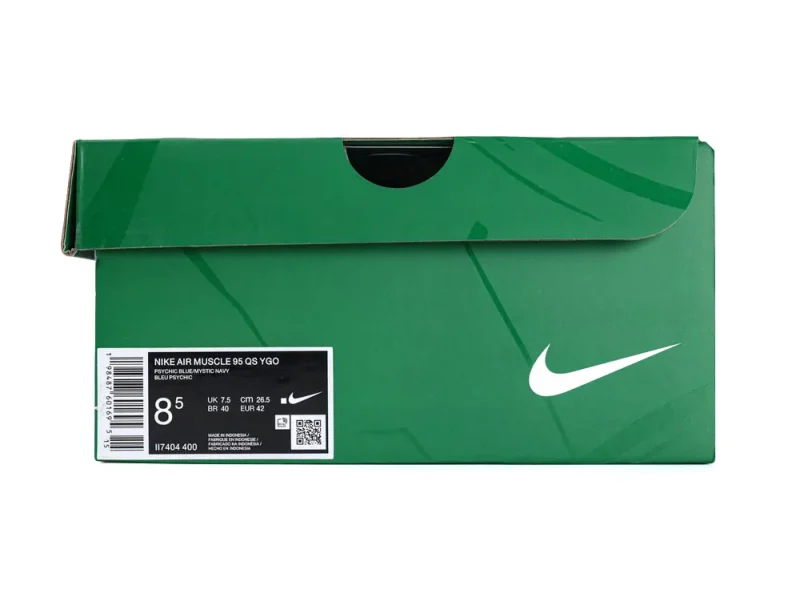 Green cardboard Nike shoe box with white logo and product label.
