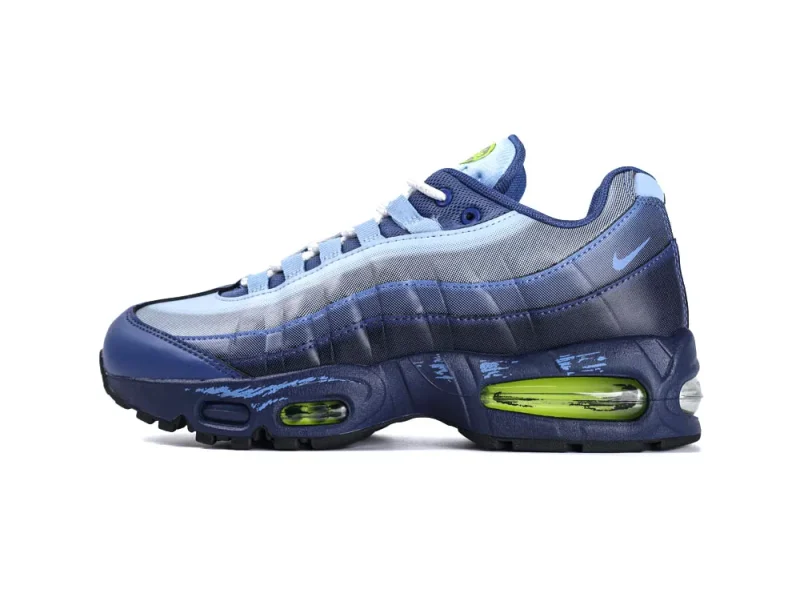 Blue gradient sneaker with mesh material and neon green air cushion sole.