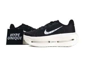 Black mesh sneakers with a white rubber sole, featuring a prominent logo design.