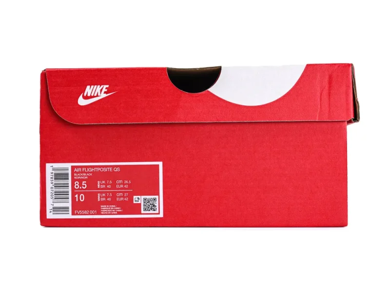 Red cardboard Nike shoebox with white logo and size label on the side.