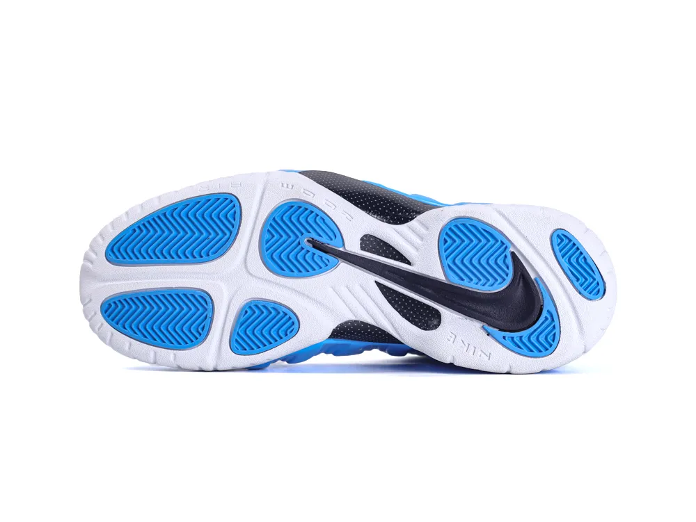 Blue and white rubber sneaker sole with textured grip and black logo detailing.