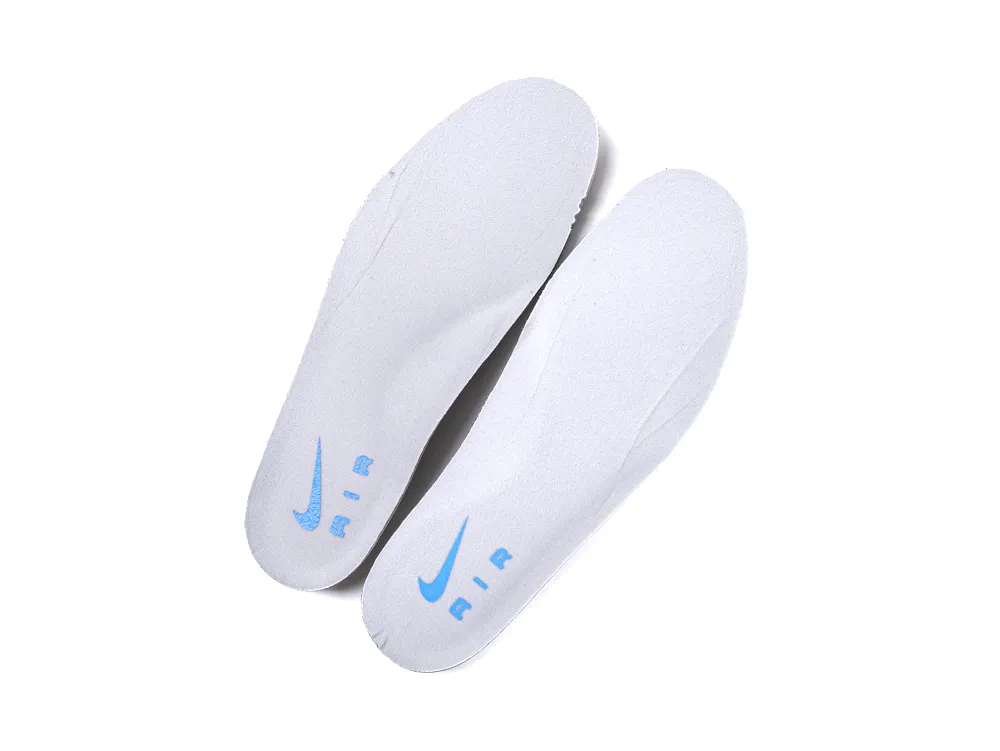 White foam insoles with blue logo and text, featuring sleek contours.