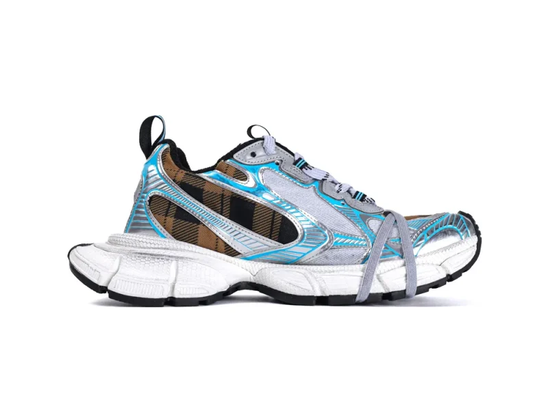 Silver and blue sneaker with a mesh upper, brown accents, and black sole.