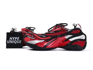 Red, black, and white sneakers with synthetic material and intricate stitching details.