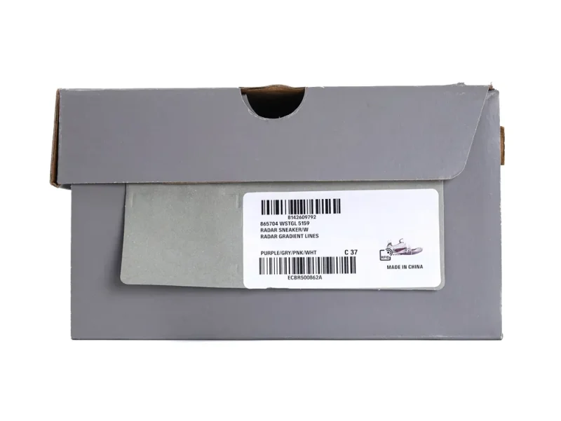 Gray cardboard shoebox with a label, featuring purple, gray, pink, and white design.