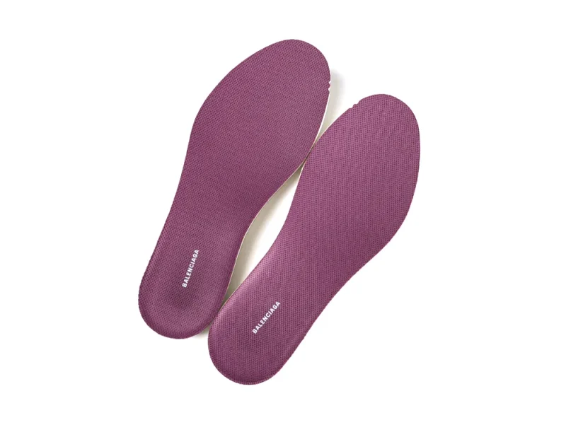 Purple fabric insoles for shoes with textured surface and brand logo.