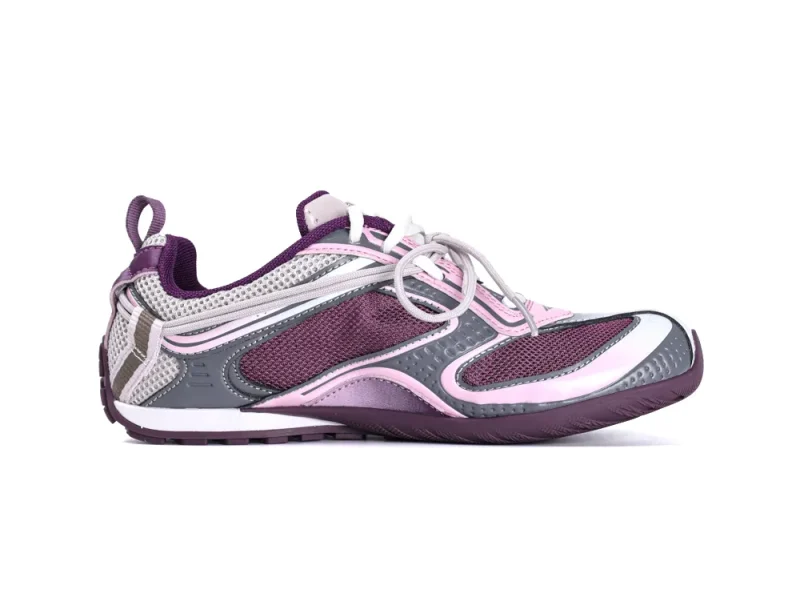 Purple and pink sneaker with mesh upper and synthetic overlays, white laces.