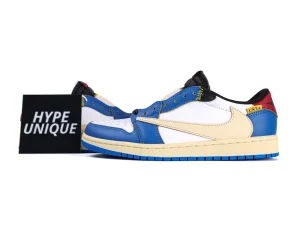 Blue and white leather sneaker with beige accents and padded red heel.
