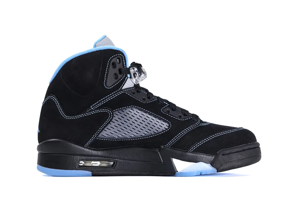 Black suede sneaker with blue accents and mesh side paneling.