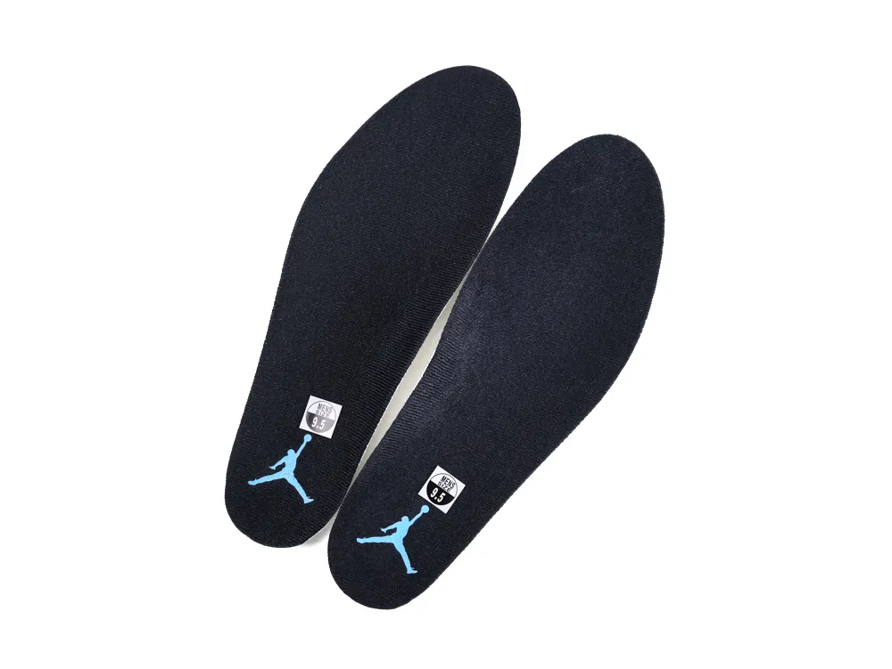 Black insoles with blue logo, fabric material, designed for men's size 9.5 shoes.