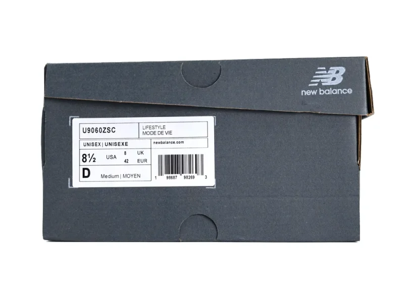 Dark gray cardboard shoe box with label, featuring product details and size information.