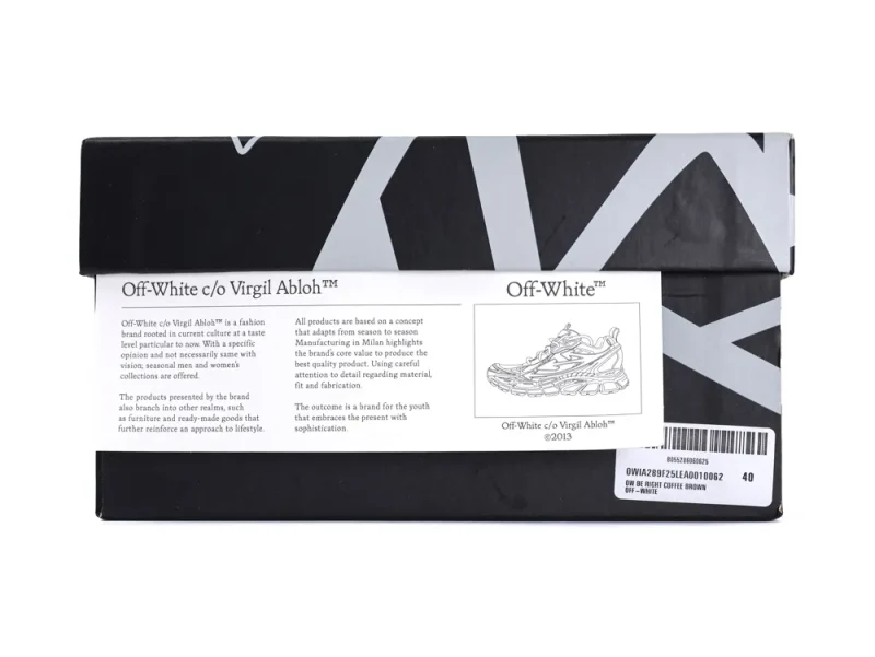 Black and gray Off-White shoebox with label and branding text, cardboard material.