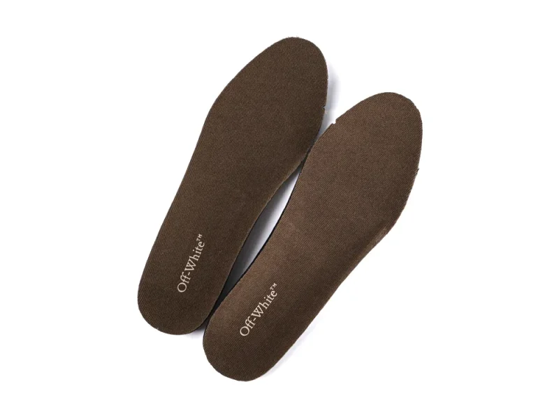 Brown fabric insoles with branded logo, designed for comfortable shoe support.