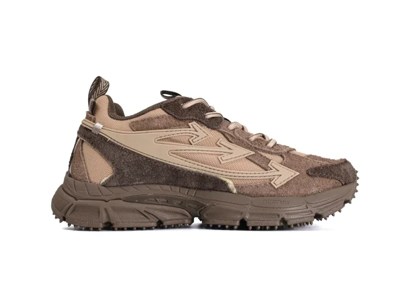 Brown suede sneaker with beige accents and rugged rubber sole.