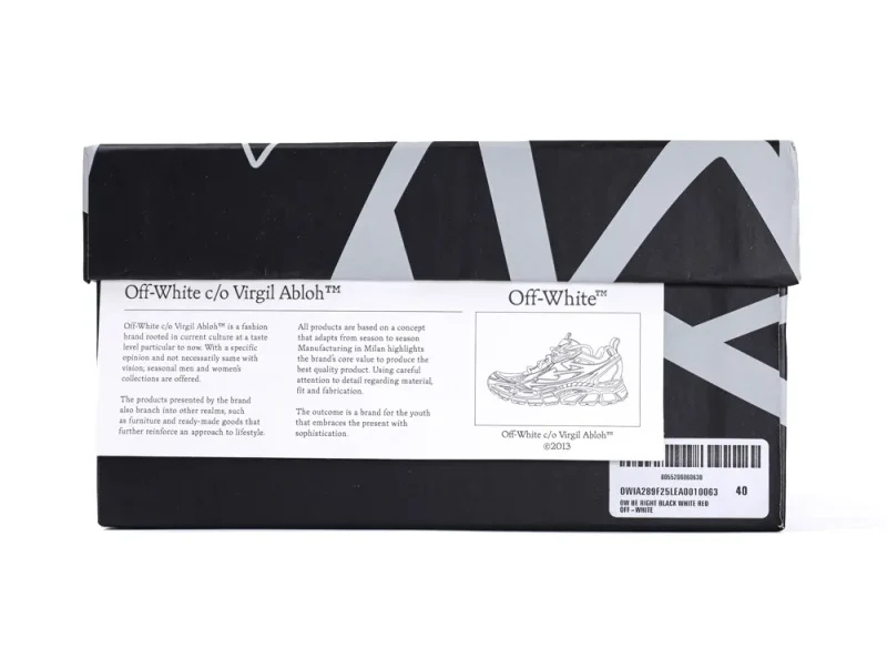Black and white cardboard shoe box with printed text and graphics.