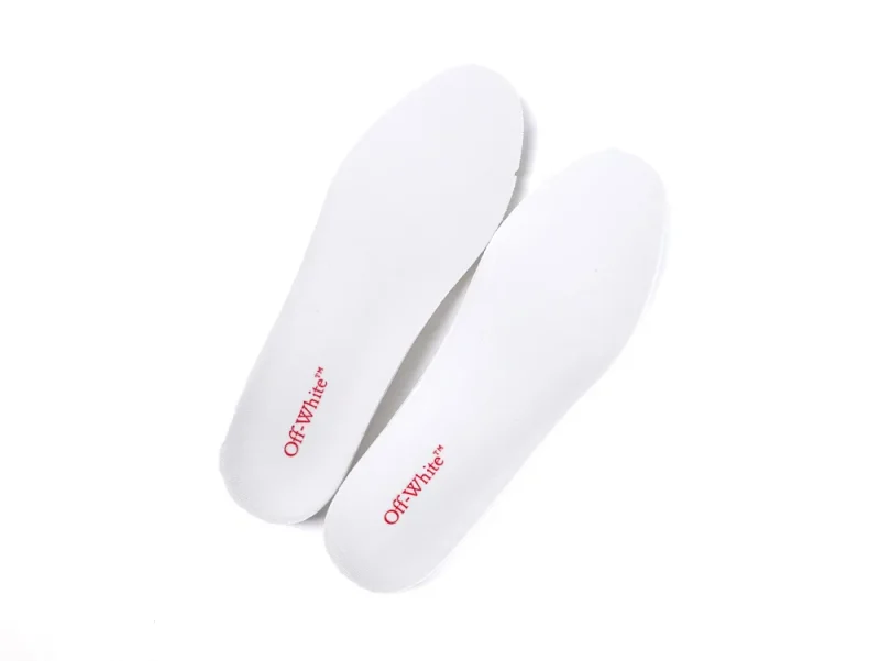 White fabric insoles with red logo text, designed for footwear comfort and support.