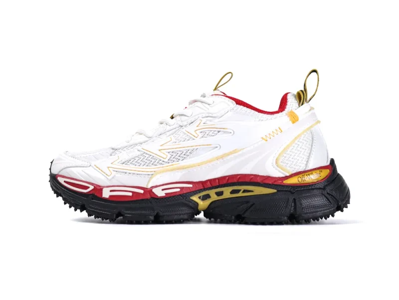White mesh and leather sneaker with black, red, and yellow details.