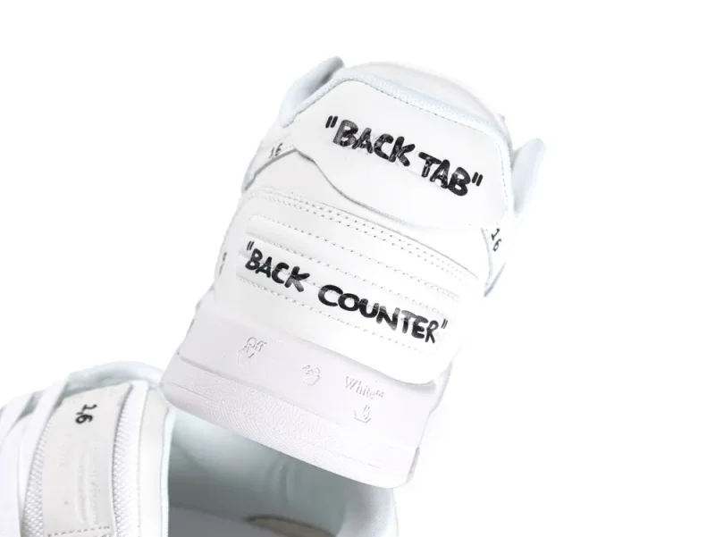White leather sneaker with printed labels "Back Tab" and "Back Counter" in black.
