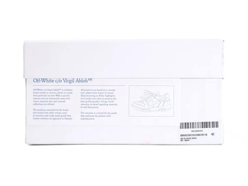 White cardboard shoe box with blue text and line drawing on the side.