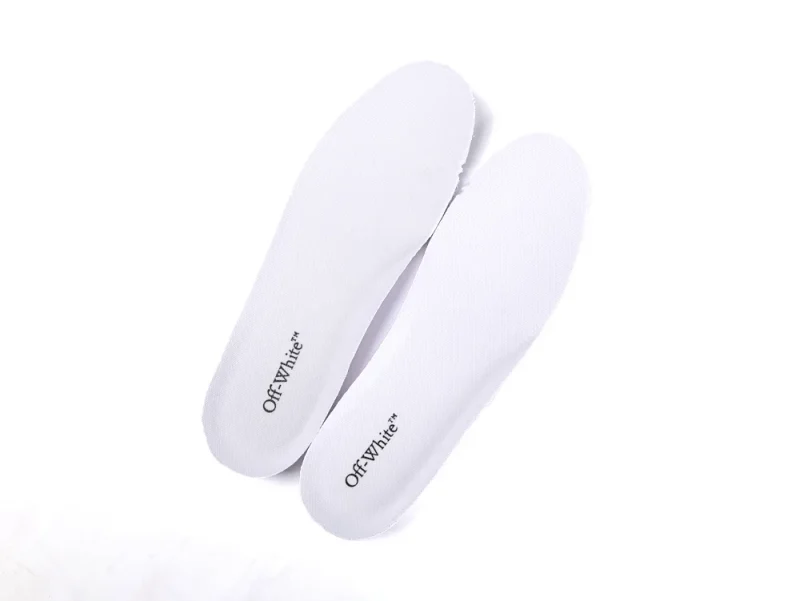 Pair of white fabric insoles with printed text, designed for comfort and fit.