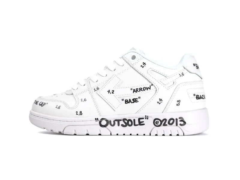 White leather sneaker with black text detailing on the sides and sole.