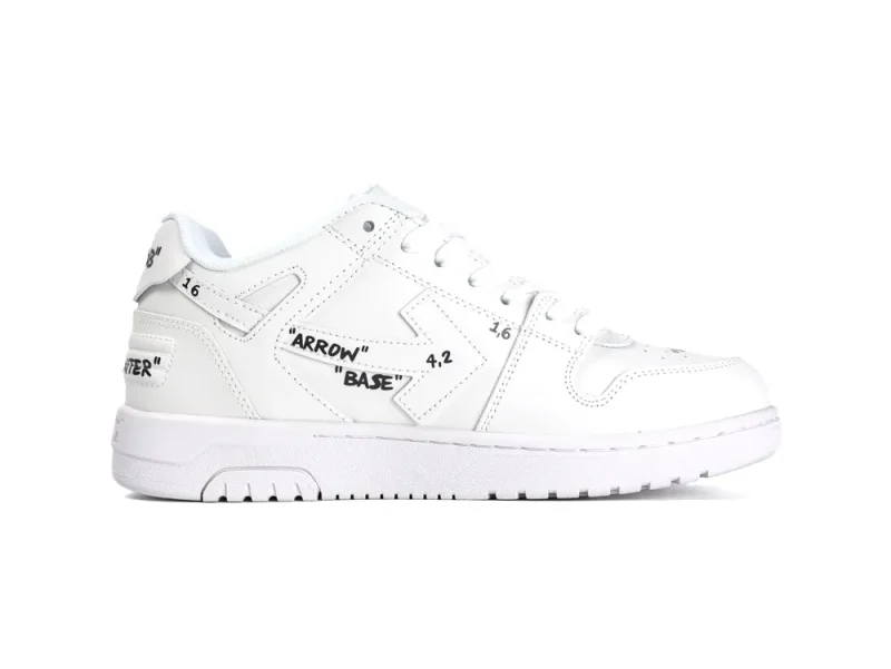 White leather sneaker with printed text details and a rubber sole.