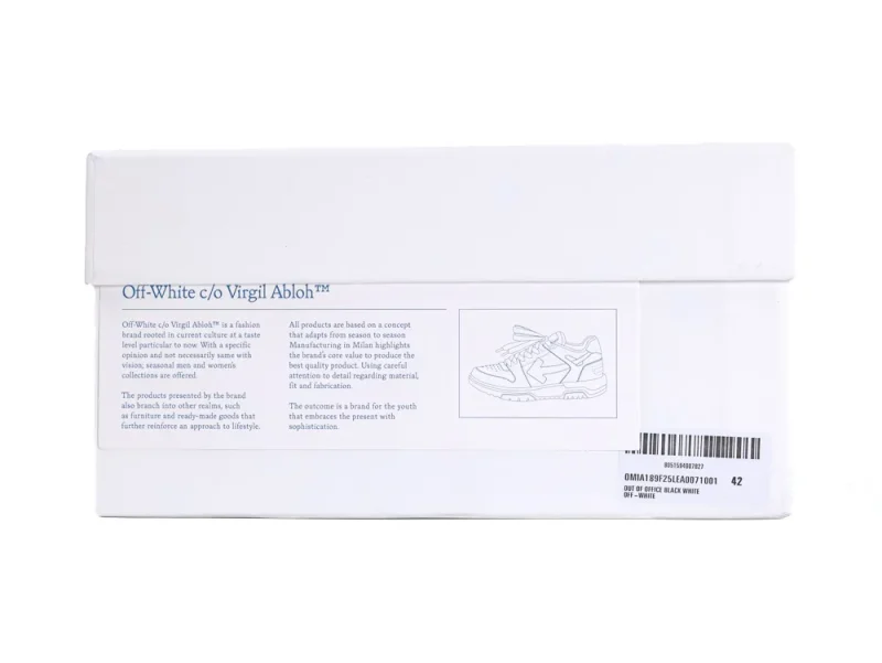 White cardboard shoe box with Off-White branding and black illustration of a sneaker.