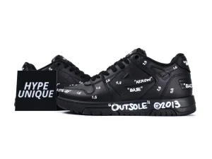 Black leather sneakers with white text details on the upper and outsole.