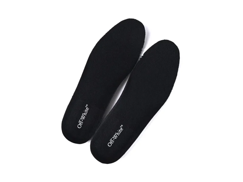 Black fabric insoles with "Off-White" branding, designed for comfort and support.