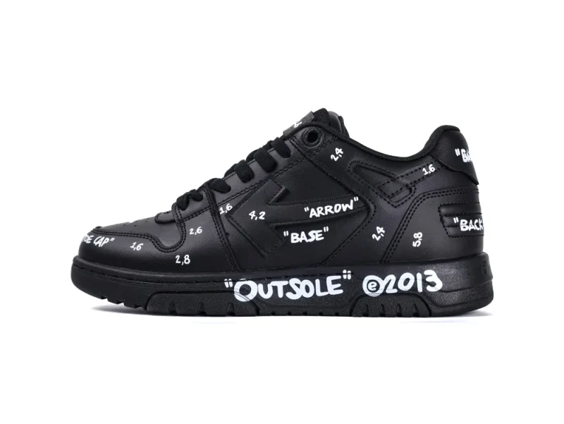 Black leather sneaker with white text, featuring various parts like outsole and toecap.