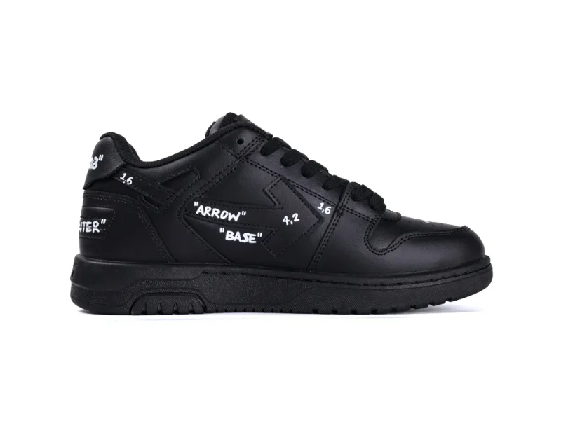 Black leather sneaker featuring white text details and a textured rubber sole.
