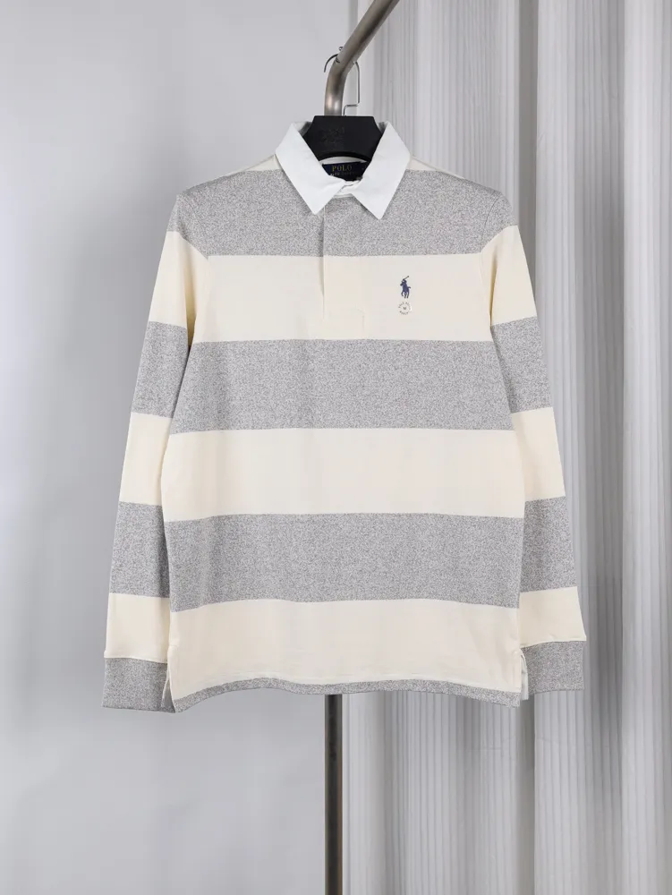 RL Pony Striped Cotton Long Sleeve Polo T-Shirt
