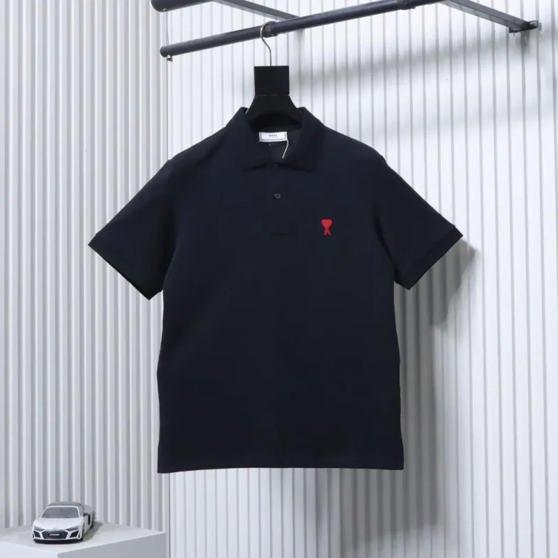 AMI Classic Heart Embroidery Polo T-Shirt Color Black