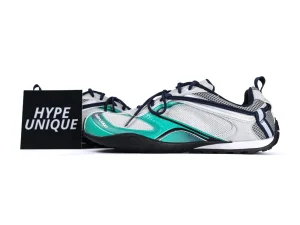 Lateral view of the Balenciaga Radar Sneaker in light grey, green, and black, displayed next to a "Hype Unique" card.