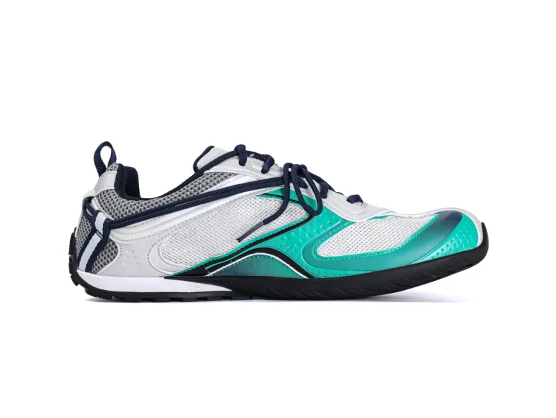 Complete side profile of the Balenciaga Radar Sneaker in grey and green, showcasing the aerodynamic, multi-layered design.