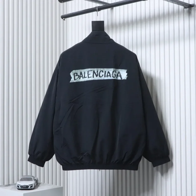 Back of BLCG White Tape Print Windbreaker Color Black