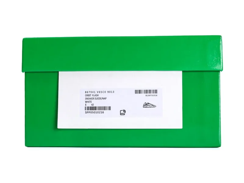 Green Bottega Veneta shoebox with a product label for the white "Orbit Flash" sneaker.
